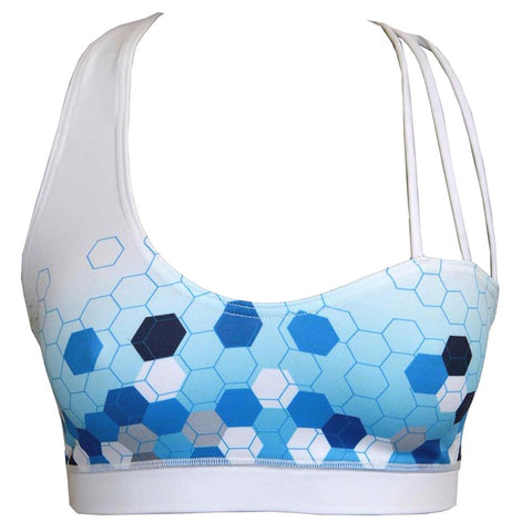 Female gym assymetrical strappy crop top - White blue hexagon